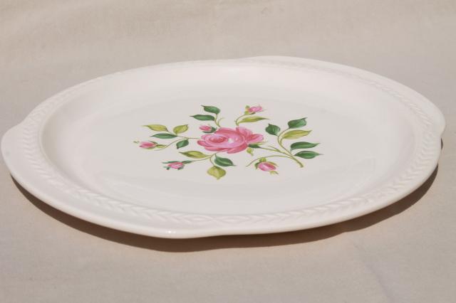 1930s vintage pink rose floral cake plate w/ tray handles, Laurella Universal pottery