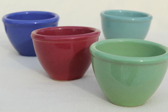 1930s vintage pottery custard cups, individual ramekin bowls in red, blue, aqua, green