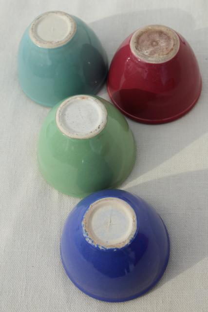 1930s vintage pottery custard cups, individual ramekin bowls in red, blue, aqua, green