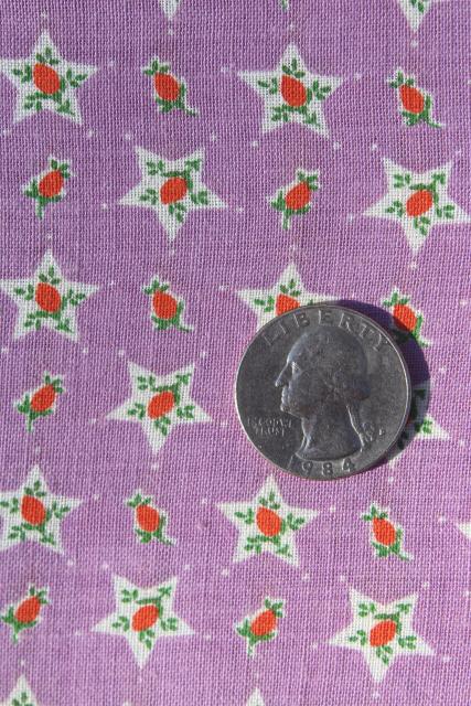 1930s vintage print cotton feed sack fabric, orange and lavender, flowers in stars