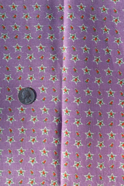 1930s vintage print cotton feed sack fabric, orange and lavender, flowers in stars