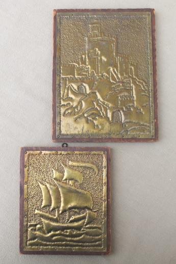1930s vintage punched brass pictures, arts & crafts Spanish colonial galleon & Alhambra