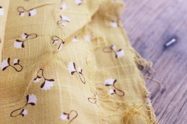 1930s vintage rayon fabric, cotton boll print on mustard yellow gold