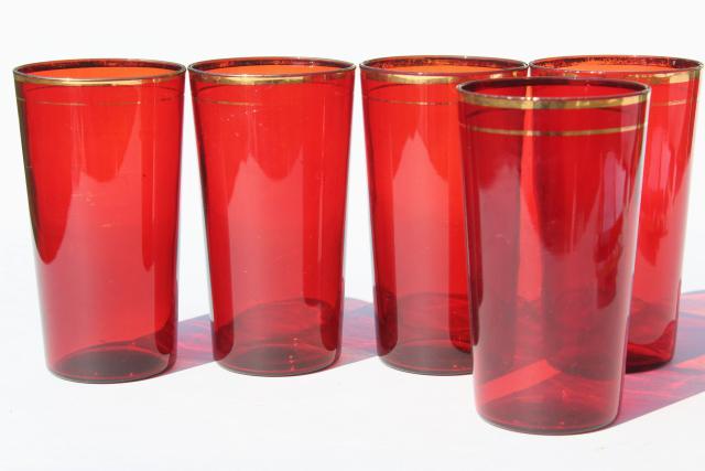 1930s vintage ruby red glass tumblers, drinking glasses w/ gold band trim