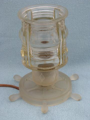1930s vintage ships wheel & lantern table lamp, art deco frosted glass
