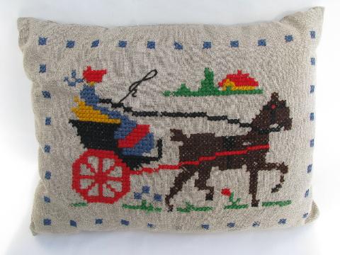 1930s vintage throw pillow, wool embroidery/flax linen, lady in surrey
