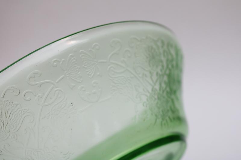 1930s vintage uranium green depression glass bowl, poppy floral Hazel Atlas Florentine