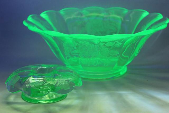 1930s vintage uranium green glass console set, flower bowl & candlesticks