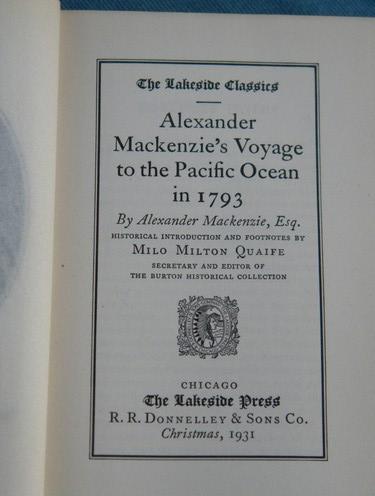 1931 Lakeside Press Alexander Mackenzie's Voyage to the Pacific w/map