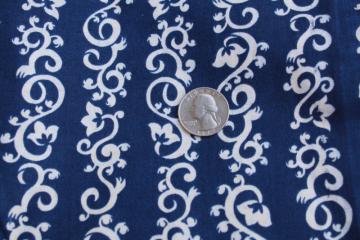 1940s 50 vintage 36 inch wide cotton fabric, floral scroll striped white on navy blue