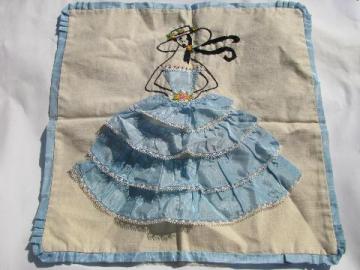1940s - 50s ruffled embroidered cotton pillow cover, southern belle crinoline lady