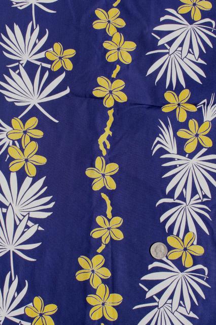1940s 50s vintage Hawaiian print fabric, navy blue cotton w/ tropical palms & flowers