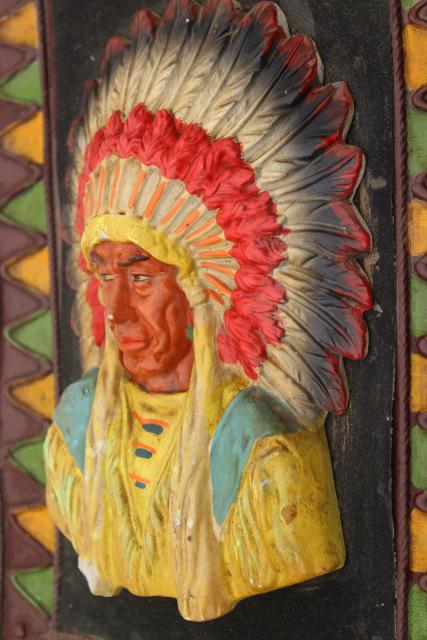 1940s 50s vintage Indian chief wall plaque,       handmade scout camp craft for retro cabin lodge