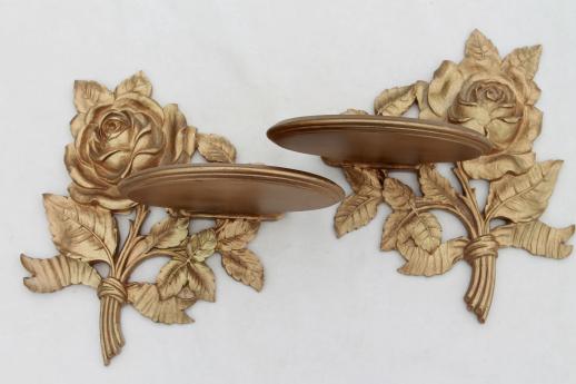 1940s 50s vintage Syroco Wood shelves, ornate gold rose leaf wall bracket shelf set