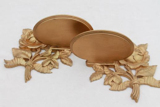 1940s 50s vintage Syroco Wood shelves, ornate gold rose leaf wall bracket shelf set