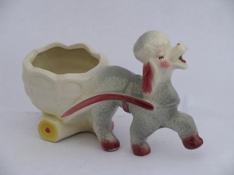 1940s - 50s vintage USA pottery animal planters, french poodle cart, laughing bears!