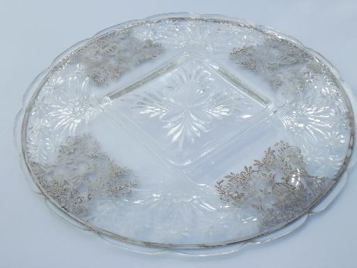 1940s - 50s vintage footed cake plate, vintage silver overlay glass