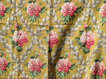 1940s Rosehall print cotton decorator fabric, pink cabbage roses on yellow