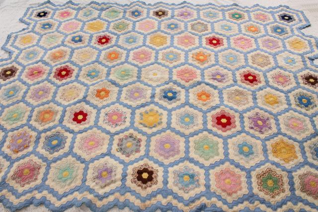 1940s or 50s vintage Grandma's flower garden patchwork quilt, bright cotton print fabric