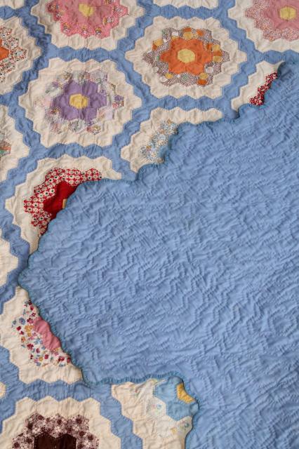 1940s or 50s vintage Grandma's flower garden patchwork quilt, bright cotton print fabric