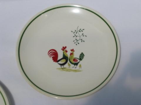 1940s pottery dinner plates, folk art rooster pattern, vintage kitchen