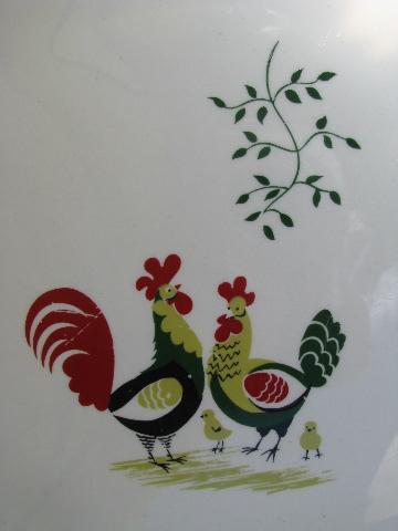 1940s pottery dinner plates, folk art rooster pattern, vintage kitchen