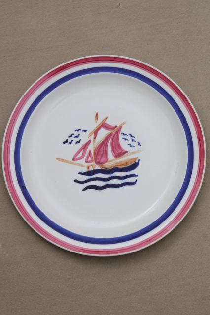 1940s vintage Blue Ridge pottery plate, rare red white blue tall ship sailboat