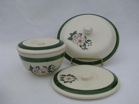 1940s vintage Cronin Bake Oven proof china kitchenware, white & pink floral, green band border