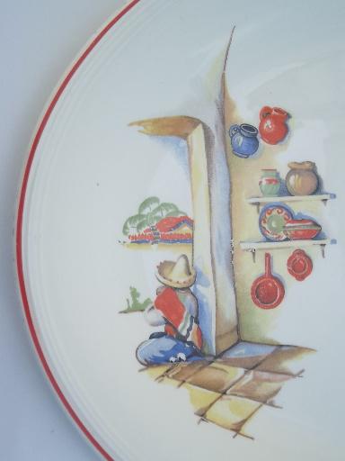 1940s vintage Mexican theme pottery platter, old Mexico scene w/ cactus 