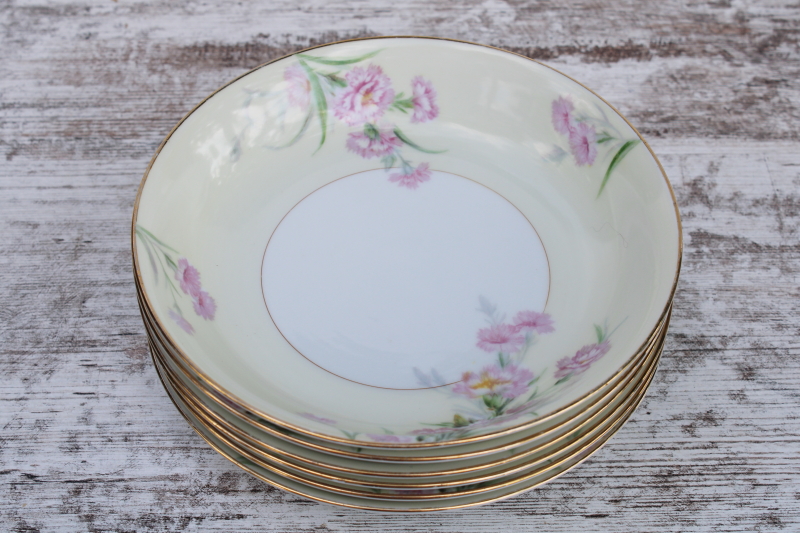1940s vintage Morimura M mark Noritake china soup bowls set, Mystery no 1 pink carnations floral