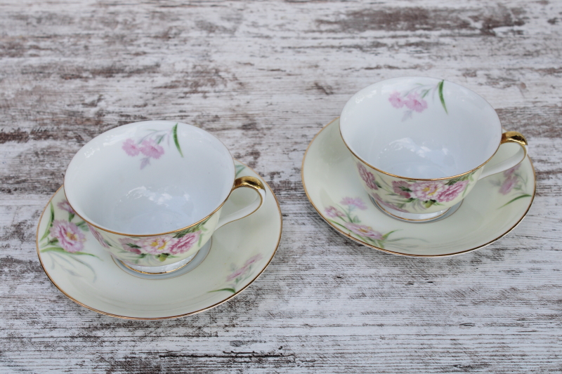 1940s vintage Noritake china tea cups saucers pink carnations floral Mystery no 1