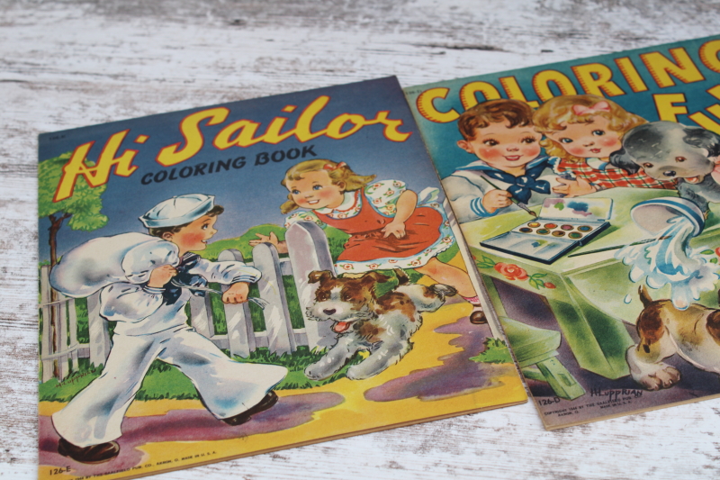 1940s vintage Saalfield color  paint books w/ retro cover art, unused in original gift box