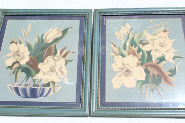 1940s vintage Turner floral prints in wood frames, shabby cottage chic farmhouse style