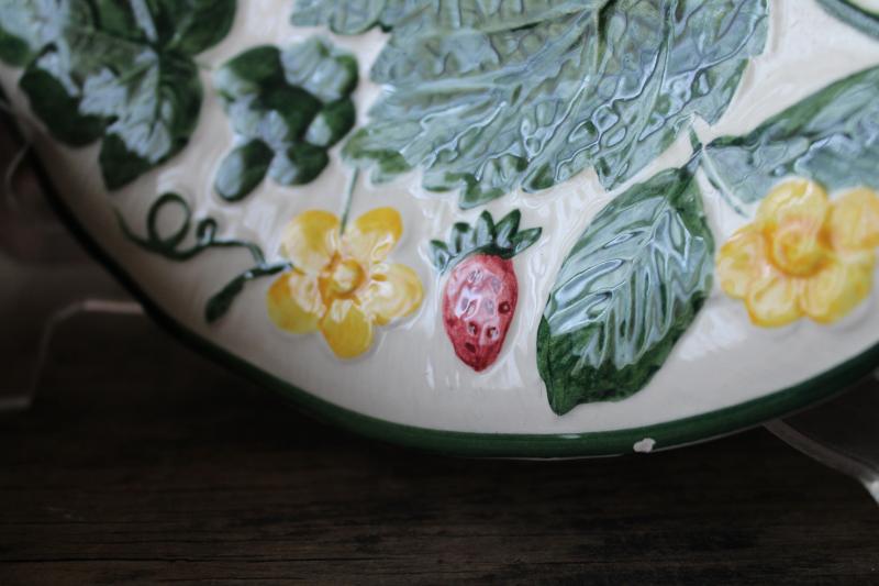 1940s vintage Western Germany pottery plates, majolica style botanical leaf & strawberry