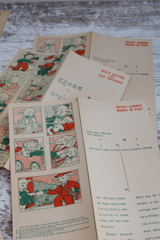 1940s vintage childrens craft pages lot, cutout paper doll  farm animals, mini story books to make