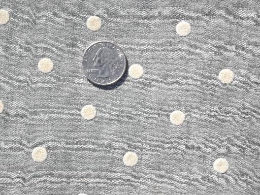1940s vintage cotton chambray fabric, flocked dots on steel grey