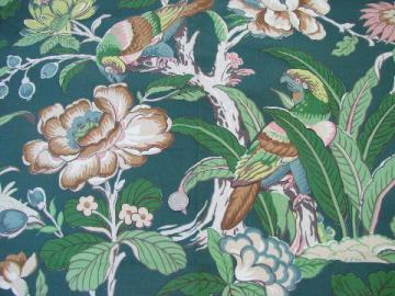 1940s vintage cotton decorator fabric, parrots on green floral