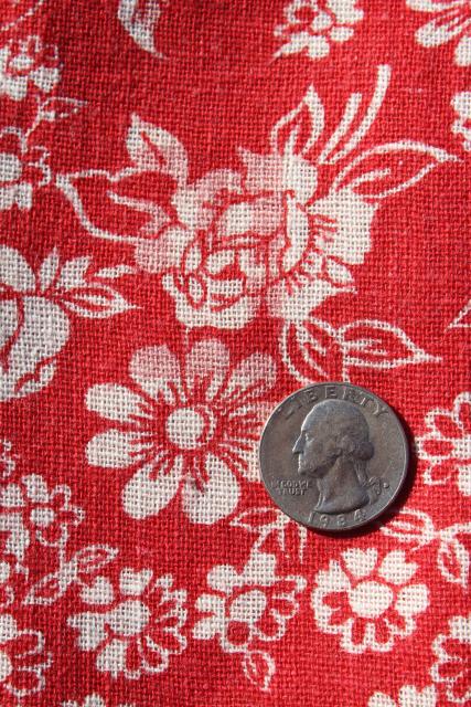 1940s vintage cotton feed sack fabric, floral print white flowers on red