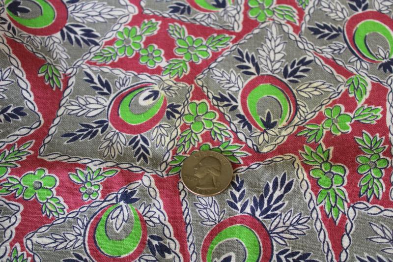 1940s vintage cotton feed sack fabric, hankies print in mauve, grey, bright green