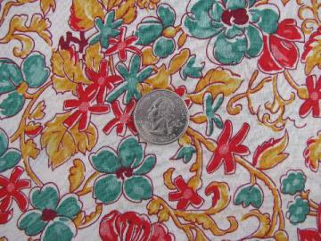 1940s vintage cotton print fabric, flowers in teal green, poppy red & gold
