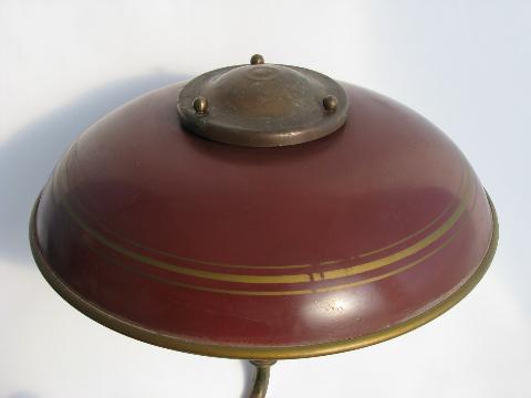 1940s vintage deep red tole floor lamp w/ metal helmet light shade, Rembrandt