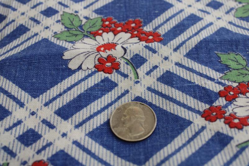 1940s vintage feed sack fabric, red, white, blue flowered print cotton