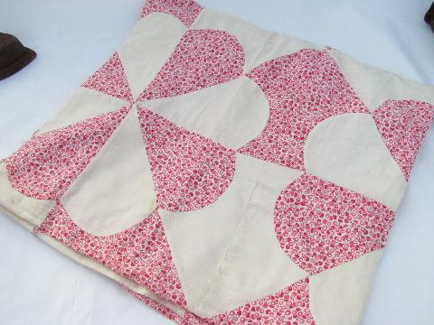 1940s vintage patchwork quilt top, old cotton prints, pink w/ cherries