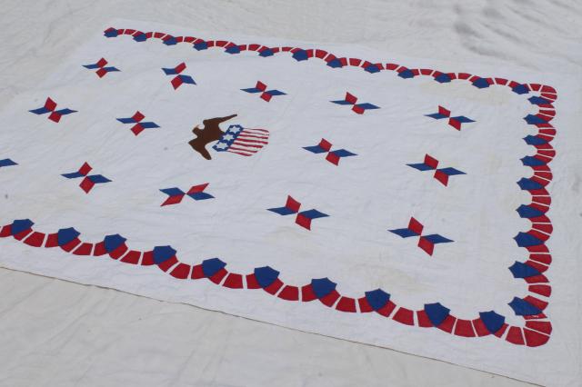 1940s vintage patriotic American eagle quilt, red white blue cotton hand stitched applique quilt