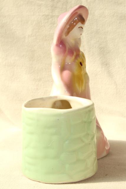 1940s vintage pottery planter, southern belle lady in pink wide brimmed picture hat