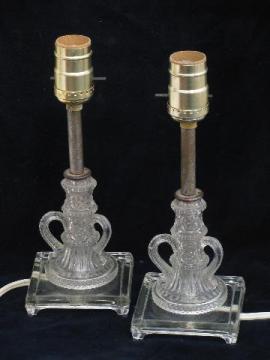 1940s vintage pressed glass boudoir lamps, pair vanity table lights