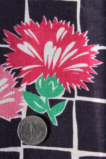 1940s vintage print cotton feed sack fabric, flowers on midnight blue black