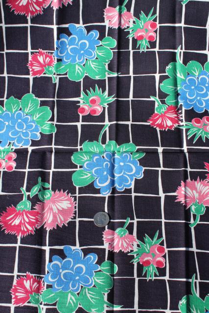 1940s vintage print cotton feed sack fabric, flowers on midnight blue black