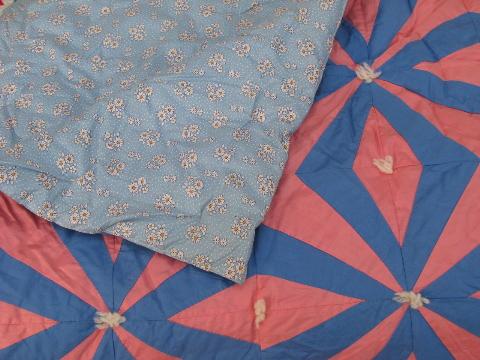 1940's vintage star pattern patchwork tied quilt comforter, pink & blue