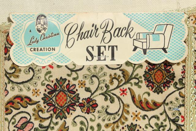 1940s vintage tapestry print fabric chair set, unused w/ original label